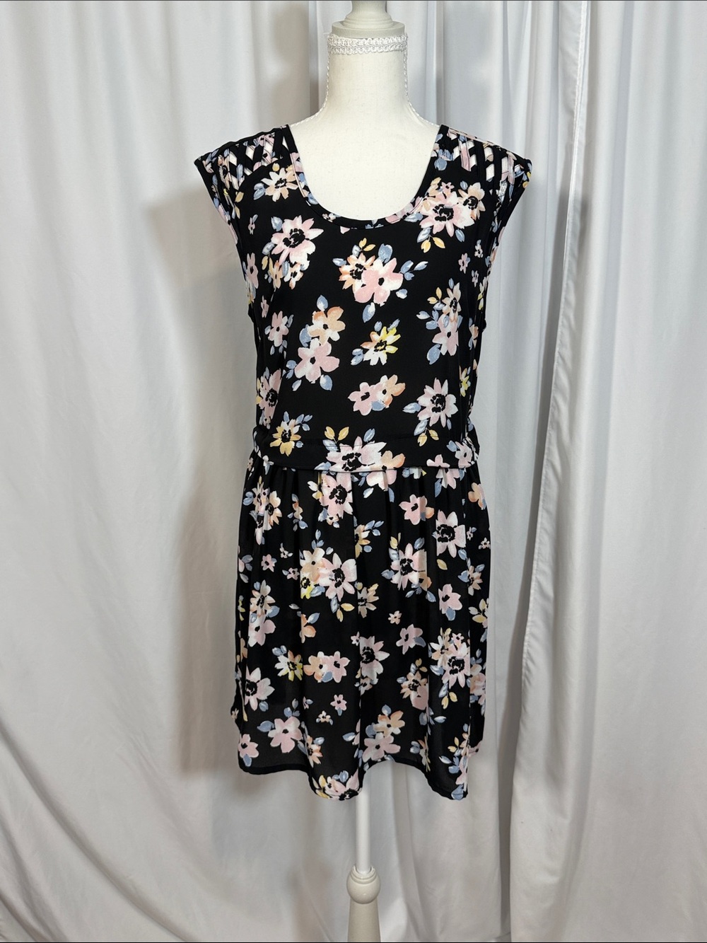 Xhilaration Black Mini Dress with Pink and Cream Floral Print